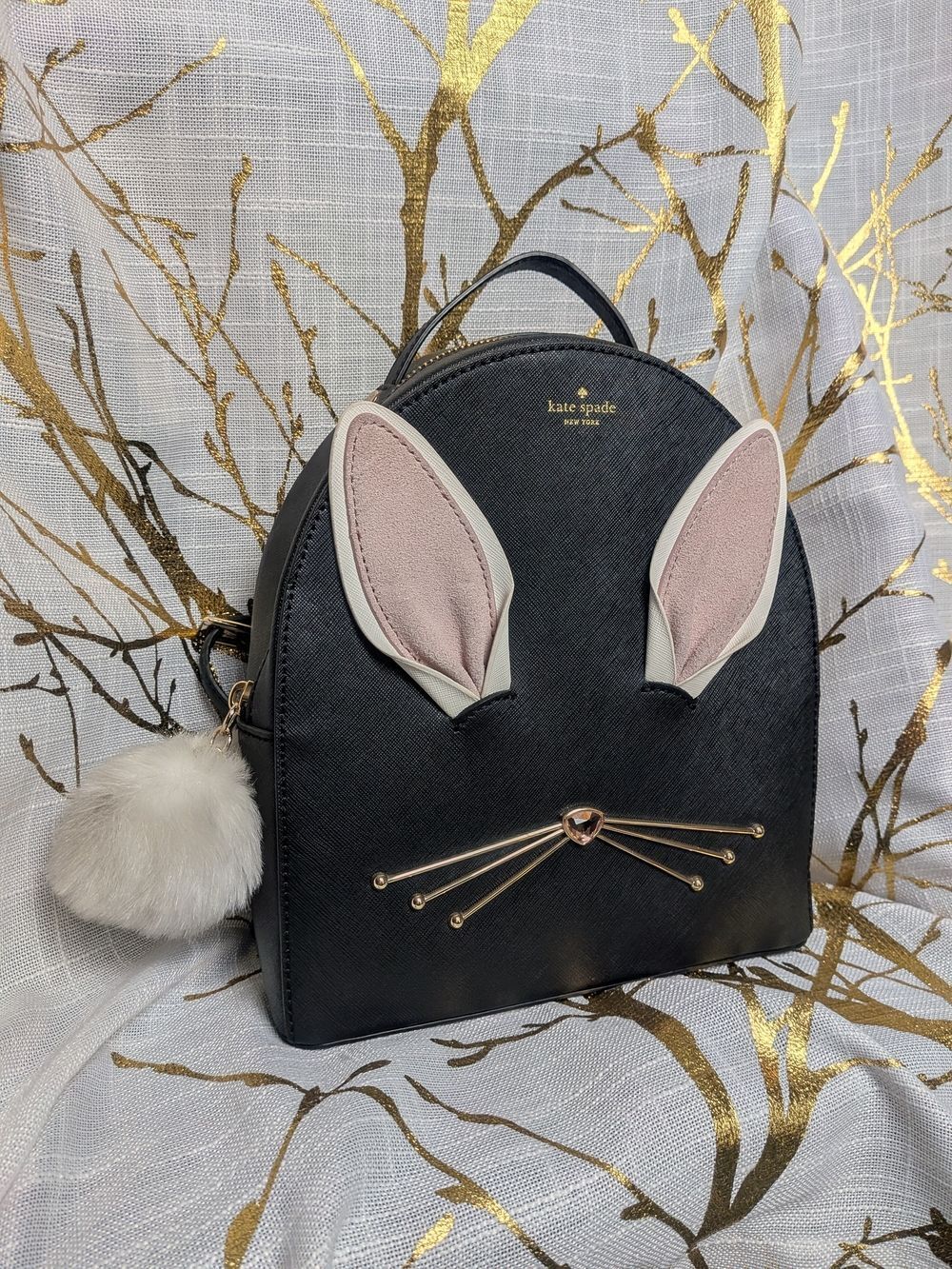 kate spade Black Bunny Ear Mini Backpack with Pom
